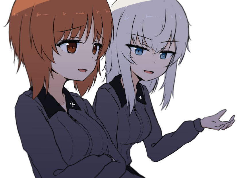 2girls bangs blue_eyes brown_eyes brown_hair commentary_request crossed_arms dress_shirt eyebrows_visible_through_hair gesture girls_und_panzer grey_shirt insignia itsumi_erika korean_commentary kuromorimine_school_uniform long_sleeves looking_at_another medium_hair multiple_girls nishizumi_miho open_mouth school_uniform shirt short_hair silver_hair simple_background smile white_background wing_collar yu_arin