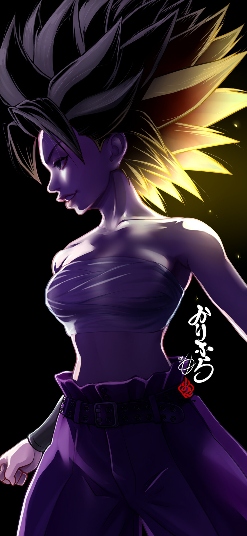 1girl absurdres amaguchi_chiyoko backlighting bare_shoulders belt black_background black_eyes black_hair caulifla clenched_hand collarbone dragon_ball dragon_ball_super grin highres looking_to_the_side midriff pants purple_pants sleeveless smile solo spiky_hair tape translation_request