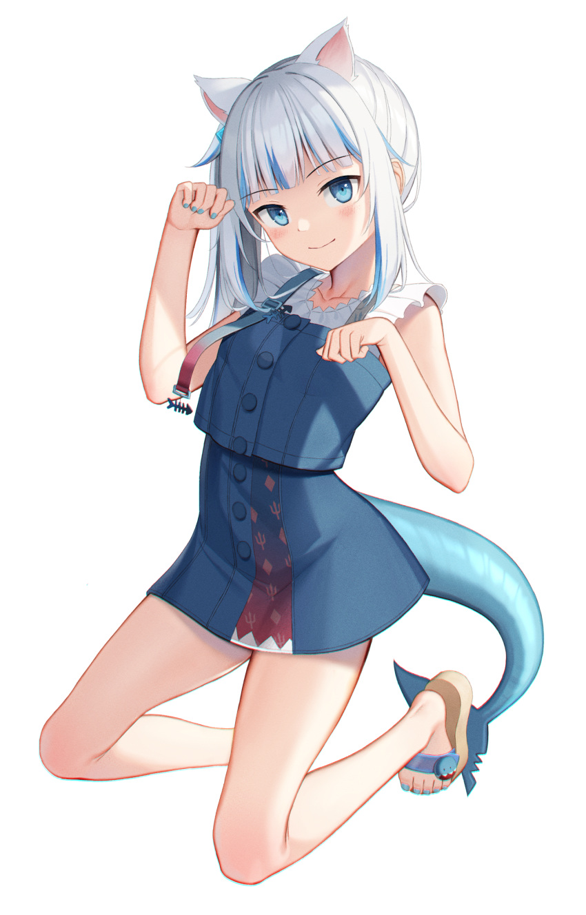 1girl absurdres animal_ears bangs bare_arms blue_dress blue_eyes blue_hair blue_nails blush brown_footwear cat_ears closed_mouth dress eyebrows_visible_through_hair fish_tail full_body gawr_gura hair_cubes hair_ornament hand_up hands_up highres hololive hololive_english kep_(ahokep) kneeling long_hair looking_at_viewer multicolored_hair nail_polish paw_pose sandals shark_tail shirt side_ponytail silver_hair simple_background sleeveless sleeveless_dress smile solo streaked_hair tail toenail_polish virtual_youtuber white_background white_shirt