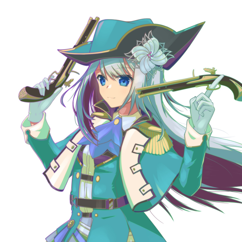 1girl antique_firearm aqua_capelet aqua_headwear aqua_jacket ban_hada bangs basijiu_er belt blue_eyes breasts capelet dual_wielding firearm firelock flintlock floating_hair gun handgun hat highres holding holding_gun holding_weapon jacket long_hair nijisanji nijisanji_kr pirate pirate_hat pistol silver_hair small_breasts smile solo virtual_youtuber weapon