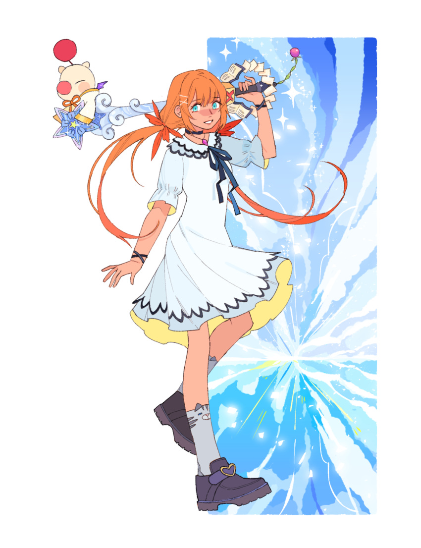 1girl blue_eyes boybun choker dress highres jewelry keyblade kingdom_hearts long_hair looking_at_viewer necklace redhead shoes simple_background smile socks solo strelitzia_(kingdom_hearts) white_dress