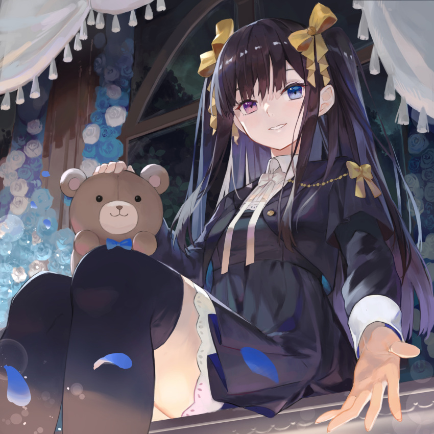 1girl bangs black_hair black_jacket black_legwear black_skirt blue_eyes blue_flower blue_rose bow collared_shirt commentary_request curtains eyebrows_behind_hair feet_out_of_frame flower hair_bow heterochromia highres jacket kobuta layered_sleeves long_hair long_sleeves looking_at_viewer open_clothes open_jacket original outstretched_arm parted_lips pleated_skirt rose shirt short_over_long_sleeves short_sleeves sitting skirt smile solo stuffed_animal stuffed_toy tassel teddy_bear thigh-highs two_side_up very_long_hair violet_eyes white_bow white_flower white_rose white_shirt window yellow_bow