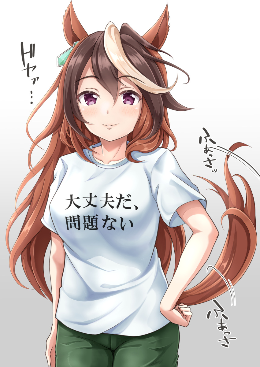 1girl absurdres animal_ears blush brown_hair clothes_writing commentary_request green_pants highres long_hair looking_at_viewer multicolored_hair onomatopoeia orange_hair pants shirt smile smug solo symboli_rudolf_(umamusume) tail tail_wagging umamusume white_background white_hair white_shirt yachan
