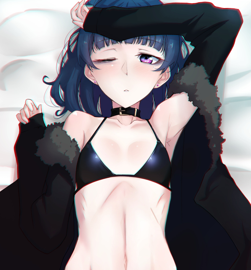 1girl absurdres bags_under_eyes belt_collar bikini black_bikini black_jacket blue_hair blush chromatic_aberration collar earrings flat_chest fur-trimmed_jacket fur_trim halterneck highres jacket jewelry looking_at_viewer love_live! love_live!_sunshine!! lying medium_hair nasuno_(nasuno42) navel on_back on_bed one_eye_closed open_clothes open_jacket parted_lips solo stud_earrings swimsuit tsushima_yoshiko upper_body violet_eyes