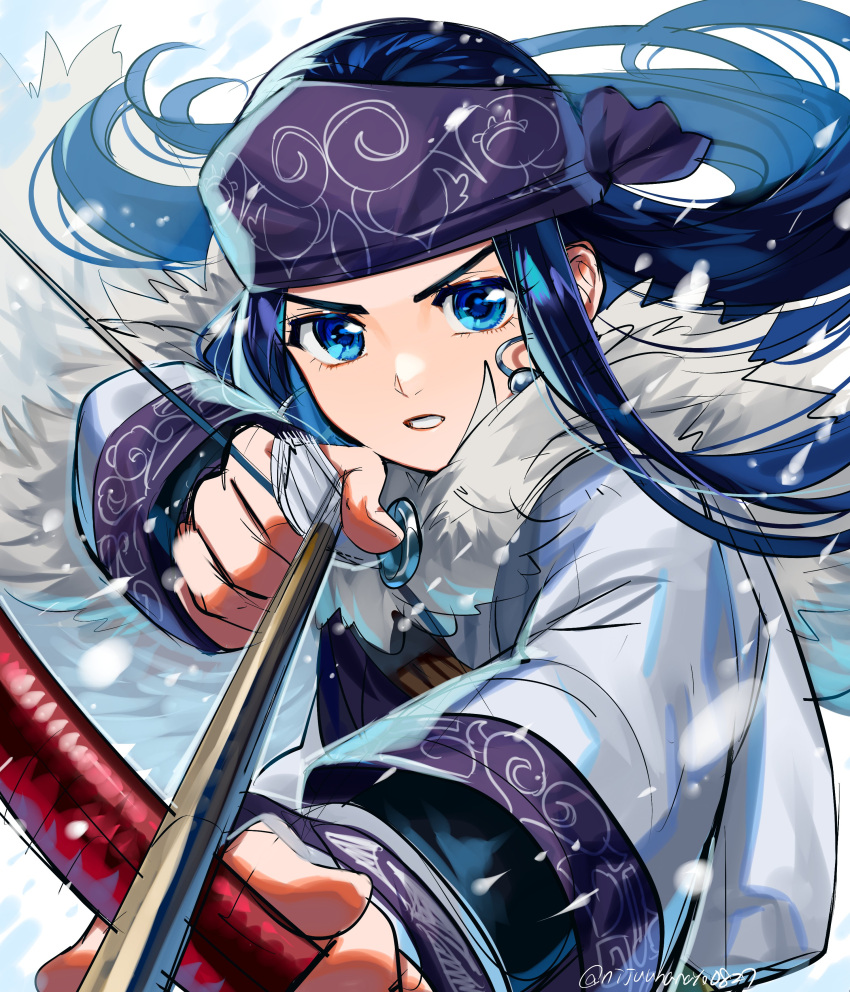 1girl absurdres ainu ainu_clothes asirpa blue_eyes blue_hair bow_(weapon) cape drawing_bow earrings floating_hair fur_cape golden_kamuy highres holding holding_bow_(weapon) holding_weapon hoop_earrings jewelry long_hair long_sleeves looking_at_viewer miyukiyo purple_bandana very_long_hair weapon white_cape winter winter_clothes