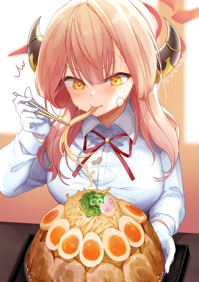 1girl absurdres aru_(blue_archive) bangs blonde_hair blue_archive blush breasts chopsticks collared_shirt commentary dress_shirt eating eyebrows_visible_through_hair food food_in_mouth food_on_clothes gloves halo highres holding holding_chopsticks horns large_breasts noodles ramen red_ribbon redhead ribbon shirt solo teltelhousi twitter_username upper_body white_gloves white_shirt