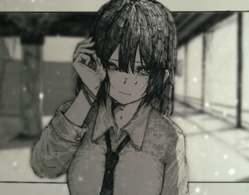 1girl bangs blunt_bangs blurry blurry_background bright_pupils closed_mouth collared_shirt commentary crying crying_with_eyes_open depth_of_field english_commentary fru_(fru69923366) greyscale hair_between_eyes hand_up hatching_(texture) highres letterboxed long_sleeves looking_at_viewer loose_necktie medium_hair monochrome necktie original outside_border photo_(medium) shirt solo tears traditional_media upper_body wing_collar wristband