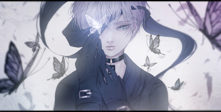 1boy animal bishounen black_gloves blindfold blindfold_slip blue_eyes blurry buckle bug butterfly choker depth_of_field duplicate eyelashes falling_feathers feathers gloves hand_on_own_face highres insect letterboxed male_focus nier_(series) nier_automata one_eye_covered pale_skin pixel-perfect_duplicate satsuki_kei solo upper_body white_hair yorha_no._9_type_s