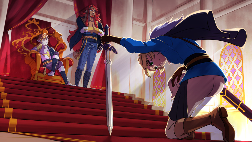 1girl 2boys alternate_universe blonde_hair boots bowing cape curtains frown ganondorf gloves gold green_eyes highres hood jewelry link multiple_boys pants pillar princess_zelda red_carpet redhead sheath smile stained_glass stairs sword the_legend_of_zelda throne throne_room weapon