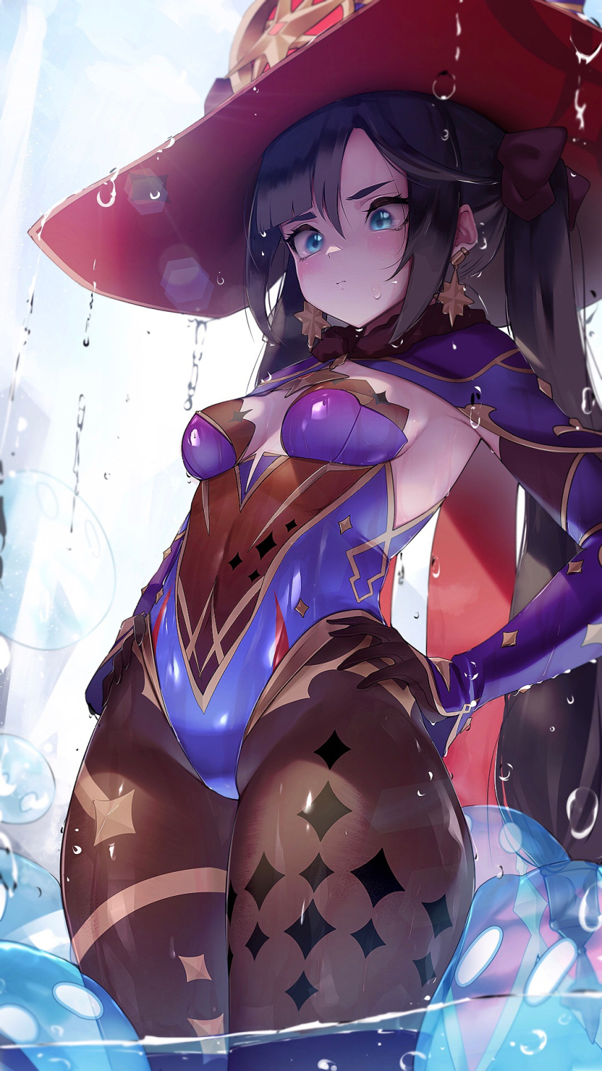 1girl black_hair blue_eyes blush breasts capelet earrings elbow_gloves genshin_impact gloves hair_ribbon hand_on_hip hat highres jewelry kashu_(hizake) leotard long_hair mona_megistus pantyhose partially_submerged purple_leotard ribbon slime_(genshin_impact) small_breasts solo thighs twintails water wet witch_hat