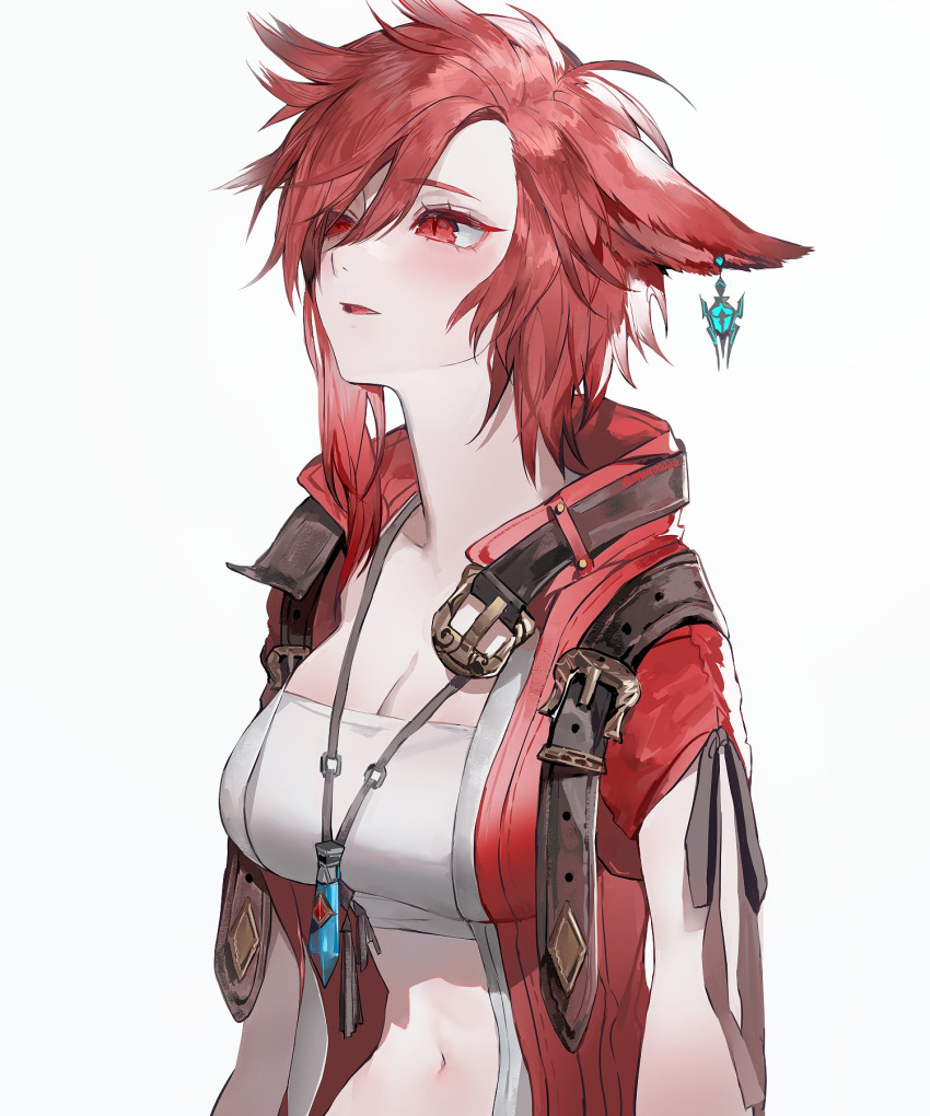 1girl animal_ears character_request commentary ear_piercing final_fantasy final_fantasy_xiv highres jacket jewelry miqo'te navel open_clothes open_jacket open_mouth pendant piercing red_eyes red_jacket redhead short_hair simple_background solo strapless ti_ki tubetop upper_body white_background white_tubetop