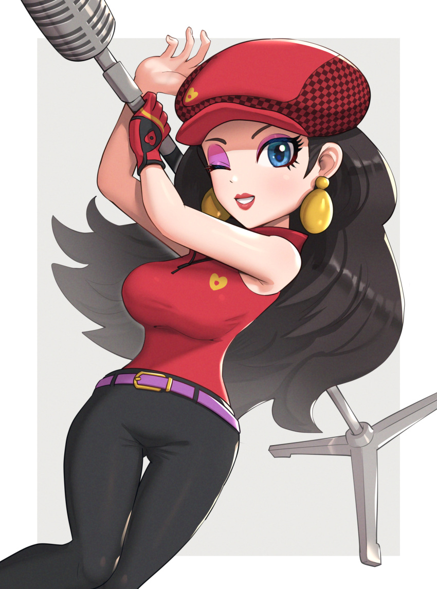 1girl absurdres black_hair black_pants blue_eyes breasts earrings eyeshadow gloves gonzarez highres jewelry large_breasts looking_at_viewer makeup super_mario_bros. mario_golf microphone_stand one_eye_closed open_mouth pants pauline_(mario) purple_belt red_lips red_shirt shirt single_glove smile