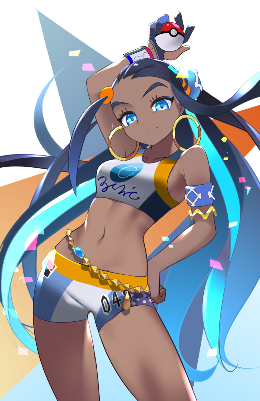 1girl arm_up armlet bare_shoulders belly_chain bike_shorts black_hair blue_eyes blue_eyeshadow blue_hair breasts closed_mouth collarbone commentary cowboy_shot dark-skinned_female dark_skin dynamax_band earrings eyeshadow gloves groin gym_leader hair_bun hand_on_hip highres holding holding_poke_ball hoop_earrings jewelry long_hair looking_at_viewer makeup medium_breasts midriff multicolored multicolored_background multicolored_hair navel necklace nessa_(pokemon) number partially_fingerless_gloves poke_ball poke_ball_(basic) pokemon pokemon_(game) pokemon_swsh sidelocks single_glove smile solo sparkle standing swimsuit tankini tm_(hanamakisan) two-tone_hair white_background