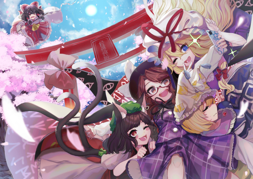 5girls :d ;d animal_ear_fluff animal_ears ascot blonde_hair blue_eyes blush_stickers bow bright_pupils brown_hair cat_tail chen cherry_blossoms closed_eyes clouds commentary_request d: day dress fedora fisheye flying fox_ears gap_(touhou) glasses hair_bow hakurei_reimu hat highres ishikawa_sparerib jewelry long_hair mob_cap multiple_girls multiple_tails nekomata one_eye_closed open_mouth outdoors pillow_hat plaid purple_dress red_eyes red_skirt red_vest selfie short_hair single_earring skirt sky smile sparkle sun tail torii touhou two_tails usami_sumireko vest white_pupils yakumo_ran yakumo_yukari yellow_neckwear