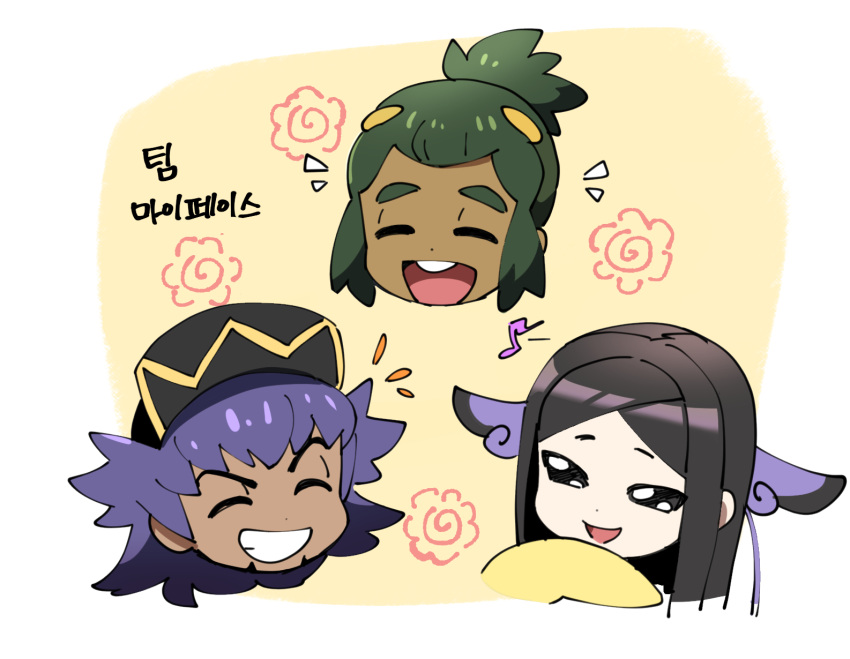 1girl 2boys baseball_cap black_hair chibi closed_eyes commentary_request dark-skinned_male dark_skin green_hair grin gym_leader hair_ornament hat hau_(pokemon) highres korean_commentary korean_text leon_(pokemon) multiple_boys open_mouth pokemon pokemon_(game) pokemon_sm pokemon_swsh pokemon_xy purple_hair rnehrdyd1212 short_ponytail smile tongue upper_teeth valerie_(pokemon) |d