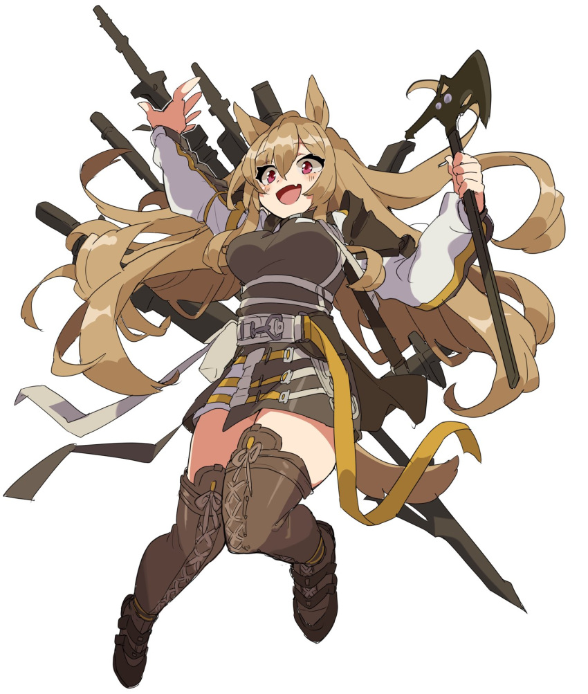 1girl 6ndchan6 animal_ears ankle_strap arknights axe baggy_clothes bangs boots breasts brown_dress brown_footwear ceobe_(arknights) commentary_request dog_ears dog_tail dress hair_between_eyes highres holding holding_weapon jacket large_breasts light_brown_hair long_hair multicolored multicolored_clothes multicolored_jacket multiple_straps multiple_swords multiple_weapons open_clothes open_jacket red_eyes shoulder_pads sidelocks snap-fit_buckle solo staff tail thigh-highs thigh_boots very_long_hair weapon