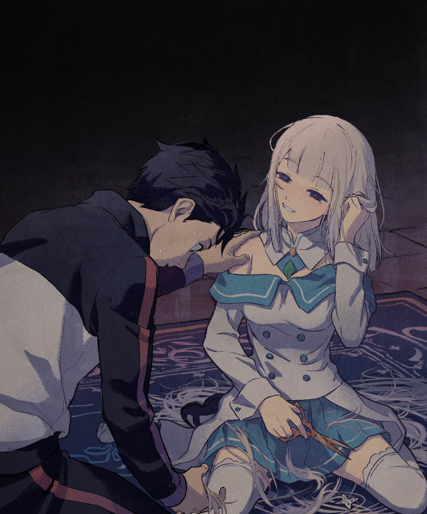 1boy 1girl absurdres bangs black_hair breasts buttons commentary_request cutting_hair detached_collar emilia_(re:zero) eyebrows_visible_through_hair eyelashes hand_in_hair hand_on_another's_shoulder hand_up highres holding holding_scissors iwamushi jacket natsuki_subaru off_shoulder pants parted_lips pleated_skirt re:zero_kara_hajimeru_isekai_seikatsu scissors short_hair sitting skirt smile sweat thigh-highs