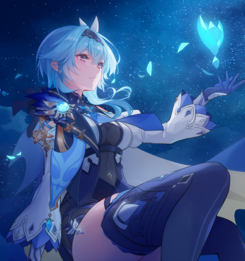 1girl bangs blue_footwear blue_gloves blue_hair bodystocking boots breasts brown_eyes covered_navel dark_hound_3 eula_(genshin_impact) eyebrows_visible_through_hair feet_out_of_frame genshin_impact gloves hair_ornament hairband hand_up highres long_sleeves medium_breasts night night_sky outdoors parted_lips short_hair sitting sky solo thigh-highs thigh_boots thighs vision_(genshin_impact)