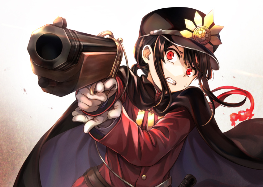 1boy bangs black_cape black_hair black_headwear brown_background cape clenched_teeth commentary_request eyebrows_behind_hair family_crest fate/grand_order fate_(series) gloves gradient gradient_background gun hat highres holding holding_gun holding_weapon jacket koha-ace long_hair long_sleeves looking_at_viewer male_focus oda_nobukatsu_(fate) oda_uri peaked_cap red_eyes red_jacket sleeves_past_wrists solo sweat tachitsu_teto teeth upper_body weapon white_background white_gloves