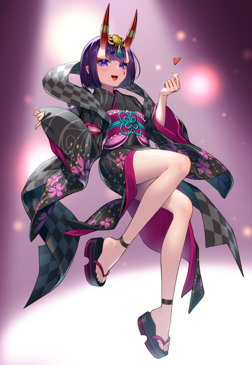 1girl absurdres bangs black_kimono bob_cut breasts eyeliner fate/grand_order fate_(series) floral_print headpiece highres horn_ornament horn_ring horns japanese_clothes kimono legs long_sleeves looking_at_viewer lostroom_outfit_(fate) makeup obi oni oni_horns open_mouth purple_hair sandals saruchitan sash short_hair shuten_douji_(fate) skin-covered_horns small_breasts smile violet_eyes wide_sleeves