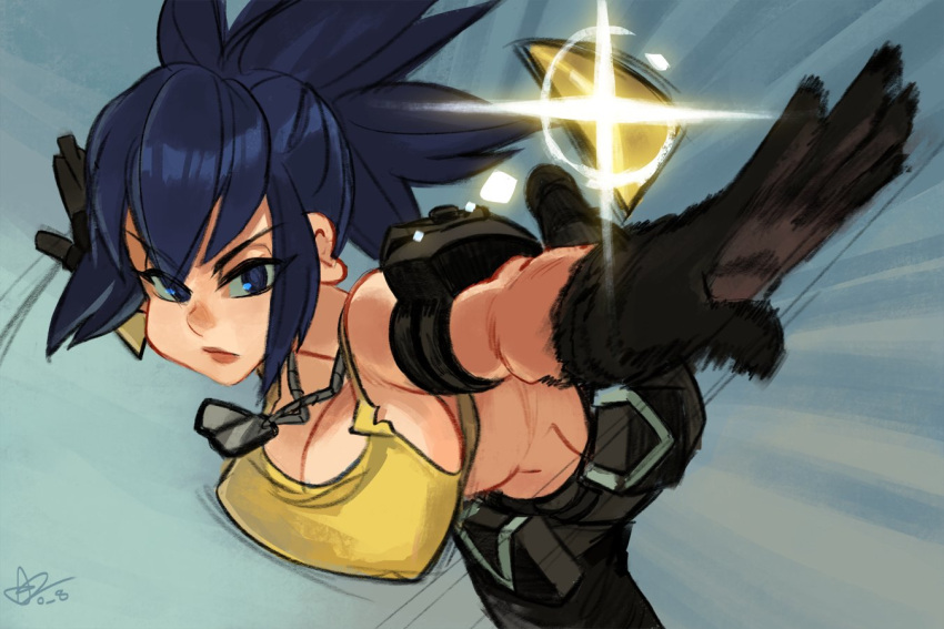 1girl alex_ahad armpits bangs bare_shoulders blue_eyes blue_hair breasts camouflage camouflage_pants cargo_pants dog_tags earrings energy gloves jewelry large_breasts leona_heidern lips looking_at_viewer navel open_arms pants ponytail pouch sideboob signature solo tank_top the_king_of_fighters the_king_of_fighters_xiv the_king_of_fighters_xv triangle_earrings yellow_tank_top