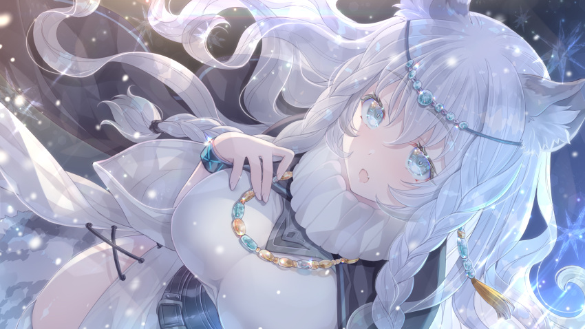 1girl :o animal_ears arknights blue_eyes braid breasts circlet cowboy_shot dress dutch_angle eyebrows_visible_through_hair fang floating_hair hair_between_eyes hand_on_own_chest highres jewelry large_breasts leopard_ears long_hair looking_at_viewer necklace open_mouth pelvic_curtain pramanix_(arknights) snowflakes solo soukuu_kizuna white_dress white_hair