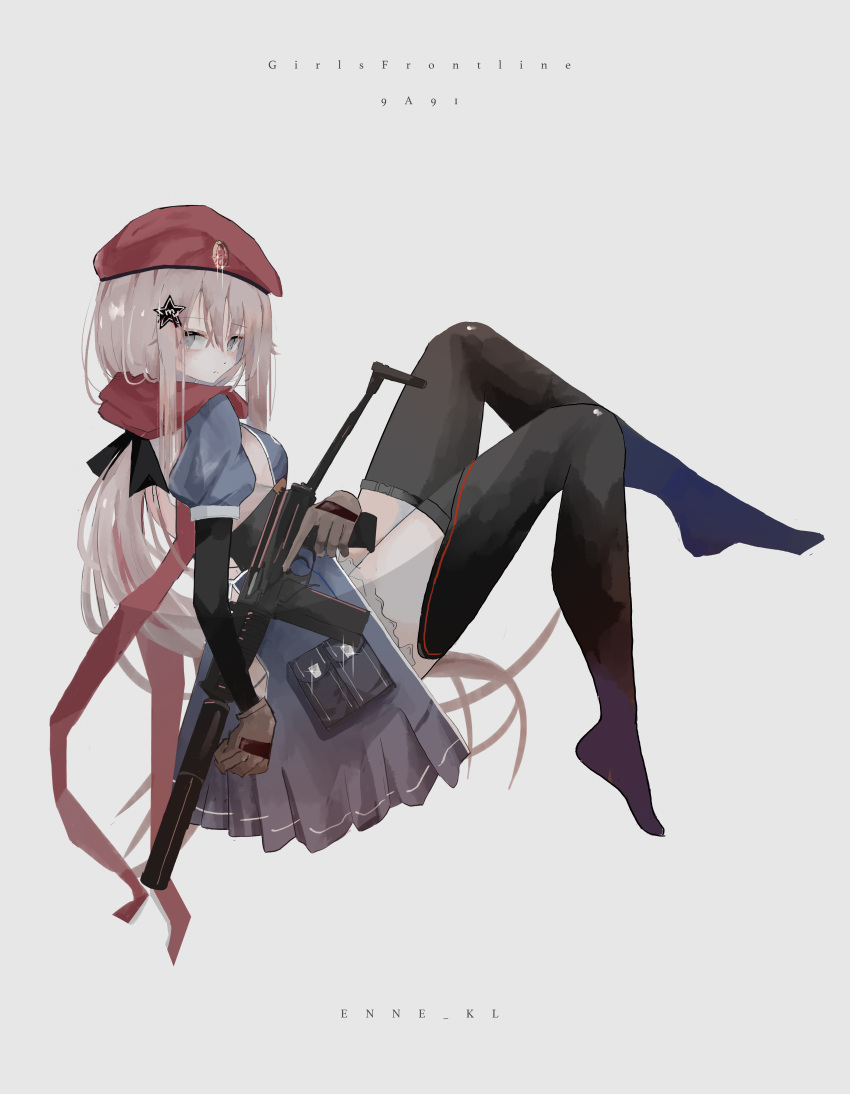 1girl 9a-91 9a-91_(girls_frontline) absurdres assault_rifle beret black_legwear blue_dress blue_eyes brown_gloves dress girls_frontline gloves gun hair_ornament hat highres holding holding_weapon long_hair low_twintails navel red_headwear red_scarf rifle scarf see-through silver_hair solo star_(symbol) star_hair_ornament thigh-highs twintails weapon