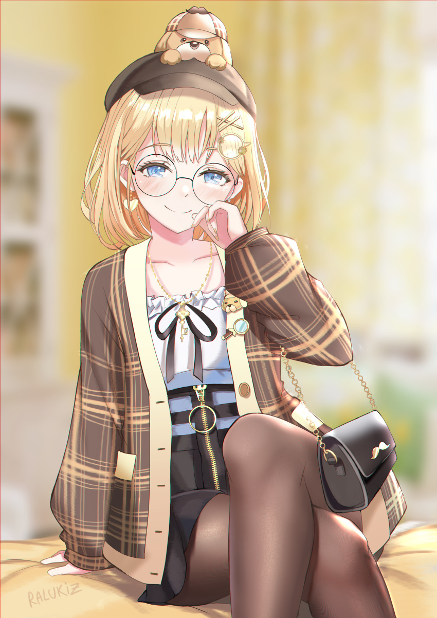 1girl absurdres bed bed_sheet black_skirt blonde_hair blue_eyes blush brown_coat coat glasses hand_up high-waist_skirt highres hololive hololive_english huge_filesize jewelry looking_at_viewer md5_mismatch pantyhose ralukiz resolution_mismatch round_eyewear simple_background sitting skirt smile source_smaller watson_amelia
