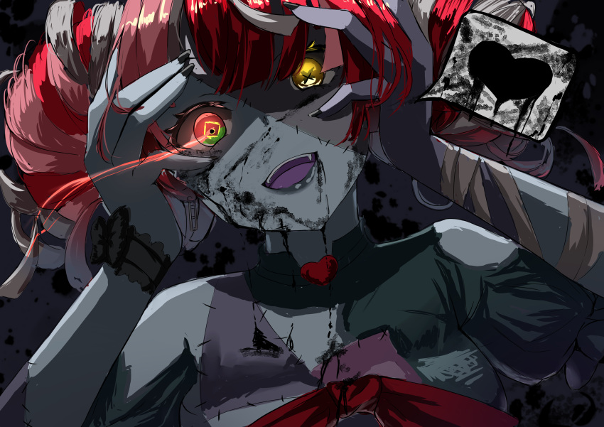 1girl absurdres bandages black_nails colored_skin glowing glowing_eyes grey_skin hands_on_own_face heart heterochromia highres hololive kureiji_ollie multicolored_hair open_mouth patchwork_skin ribbon solo spoken_heart torn_clothes upper_body virtual_youtuber xstetra_(esxty) zombie
