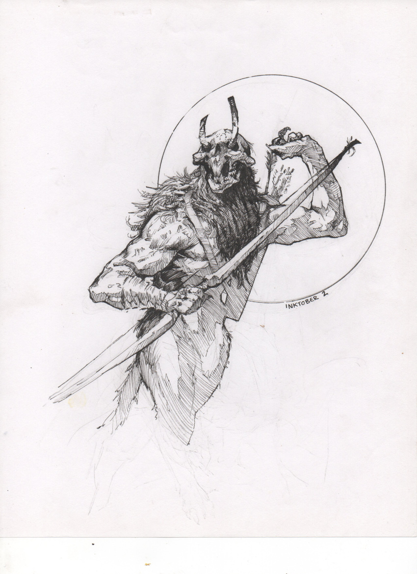 1other absurdres arrow_(projectile) bow_(weapon) commentary drawing_bow english_commentary fingernails greyscale hand_up highres holding holding_arrow holding_bow_(weapon) holding_weapon horns ink_(medium) inktober manuel_castanon monochrome monster original quiver scan sharp_fingernails solo standing tail traditional_media weapon