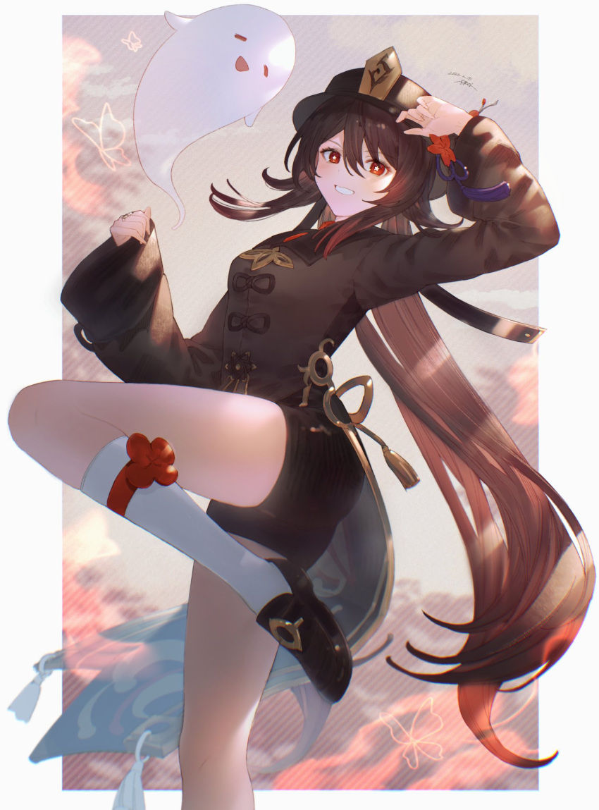 1girl =d bangs black_footwear black_headwear border breasts bright_pupils brown_hair bug butterfly collared_coat commentary flower flower-shaped_pupils foot_out_of_frame genshin_impact ghost gold_trim gradient_sky grin hat hat_flower highres hu_tao_(genshin_impact) jewelry kneehighs leg_up loafers long_hair looking_at_viewer medium_breasts multiple_rings outdoors plum_blossoms ponytail porkpie_hat red_eyes red_flower ring shoes sidelocks signature sky sleeves_past_wrists smile solo symbol-shaped_pupils very_long_hair white_legwear white_pupils yct_(yoct_o)