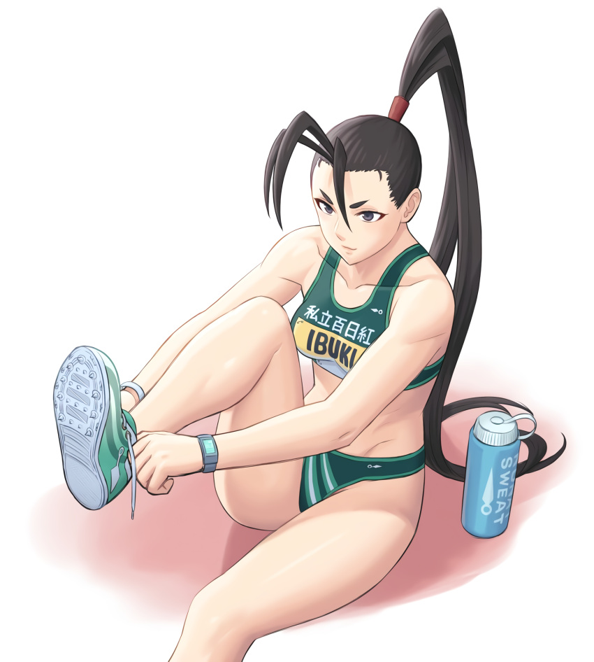 1girl antenna_hair bangs bare_shoulders bottle breasts brown_hair character_name closed_mouth collarbone exercise green_bloomers green_buruma green_footwear green_panties green_sports_bra grey_eyes hair_between_eyes highres ibuki_(street_fighter) impossible_clothes leg_up md5_mismatch medium_breasts midriff ninja noppo_(tarstation) official_alternate_costume olympian_bloomers panties ponytail resolution_mismatch shoes simple_background sitting sneakers solo source_smaller sports_bikini sports_bra street_fighter street_fighter_v street_fighter_zero_(series) stretch tying_footwear underwear watch watch water_bottle white_background wristband