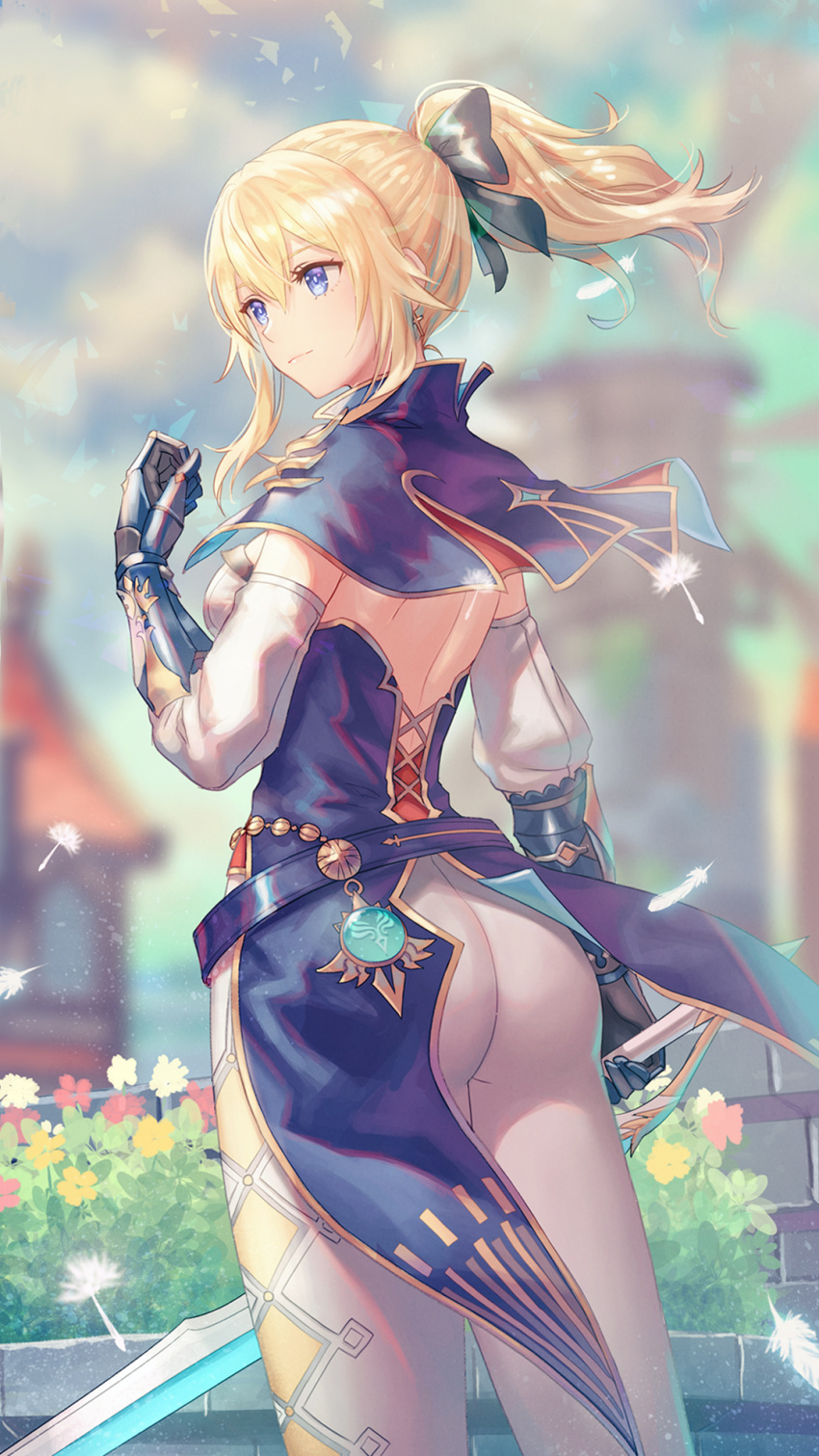 1girl anbe_yoshirou ass back bangs belt blonde_hair blue_capelet blue_eyes bow breasts capelet cross cross_earrings dandelion earrings flower gauntlets genshin_impact hair_bow highres jean_gunnhildr jewelry large_breasts long_hair multicolored_capelet pants ponytail sidelocks sky smile sword tight tight_pants weapon white_pants