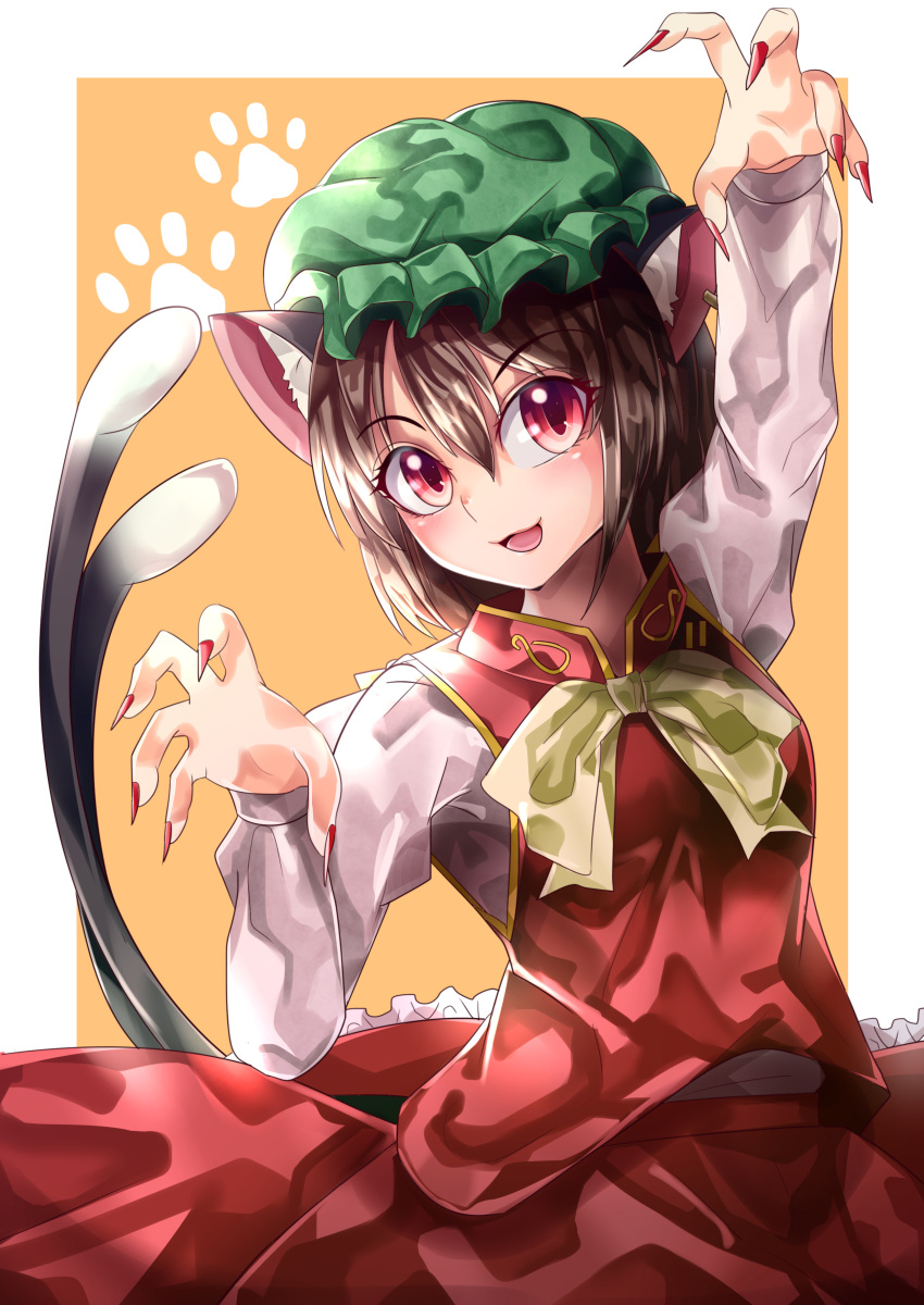 1girl :d absurdres animal_ear_fluff animal_ears arm_up blush breasts brown_hair cat_ears cat_tail chen cowboy_shot eyebrows_visible_through_hair fingernails gold_trim hair_between_eyes hand_up hat highres jewelry looking_at_viewer maboroshi_mochi mob_cap multiple_tails nail_polish nekomata open_mouth orange_background paw_print red_eyes red_nails red_skirt red_vest sharp_fingernails short_hair single_earring skirt small_breasts smile solo tail touhou two_tails vest yellow_neckwear