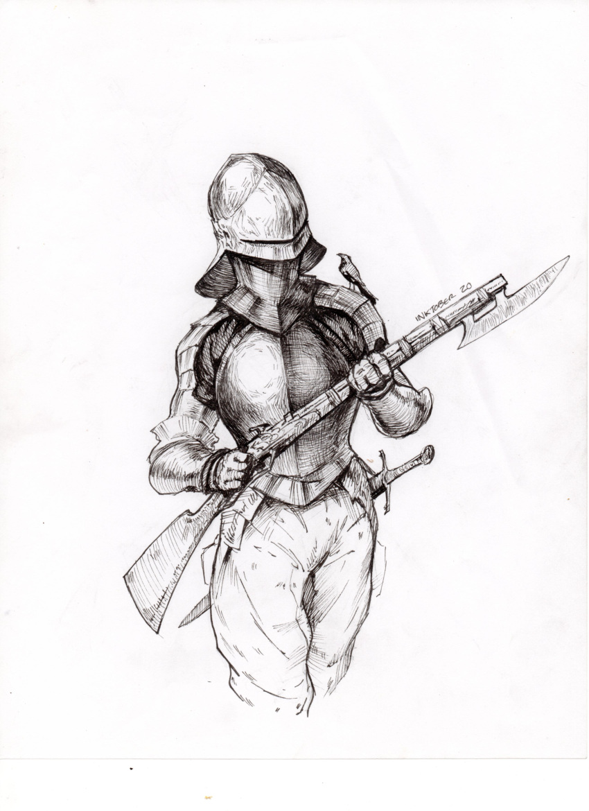 1other absurdres ambiguous_gender animal_on_shoulder armor bayonet bird bird_on_shoulder breastplate commentary cowboy_shot english_commentary full_armor gauntlets greyscale gun helmet highres holding holding_gun holding_weapon ink_(medium) inktober manuel_castanon monochrome original pauldrons rifle scabbard scan sheath sheathed shoulder_armor simple_background solo standing sword traditional_media weapon white_background