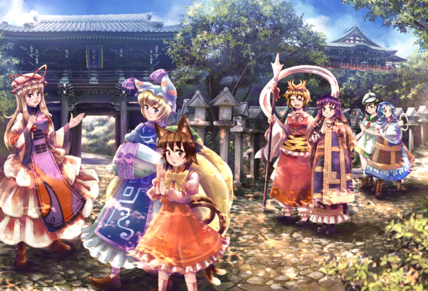 6+girls ^_^ animal_ears animal_print architecture blue_hair cat_ears cat_tail chen closed_eyes clouds commentary_request day dress east_asian_architecture feet_out_of_frame fox_ears fox_tail full_body hat head_scarf hijiri_byakuren holding holding_ring holding_staff jewelry kumoi_ichirin long_hair looking_ahead looking_at_viewer mob_cap multicolored_hair multiple_girls multiple_tails murasa_minamitsu outdoors pillow_hat purple_hair red_dress ring sailor_hat scenery shiizako_you short_hair staff streaked_hair tabard tail tiger_print toramaru_shou touhou tree two_tails violet_eyes wide_sleeves yakumo_ran yakumo_yukari