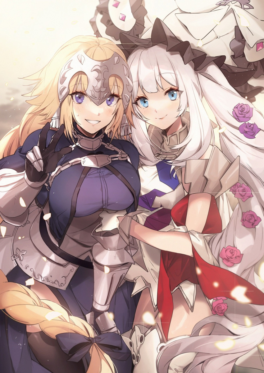 2girls armor armored_dress bangs blonde_hair blue_dress blue_eyes blush boots braid braided_ponytail breasts chain collar dress fate/apocrypha fate/grand_order fate_(series) faulds gauntlets gloves grin headpiece highres jeanne_d'arc_(fate) jeanne_d'arc_(fate)_(all) large_breasts large_hat long_hair looking_at_viewer marie_antoinette_(fate) medium_breasts metal_collar multiple_girls no-kan plackart short_dress sidelocks silver_hair single_braid sleeveless sleeveless_dress smile thigh-highs thigh_boots thighs twintails very_long_hair white_dress white_footwear white_headwear