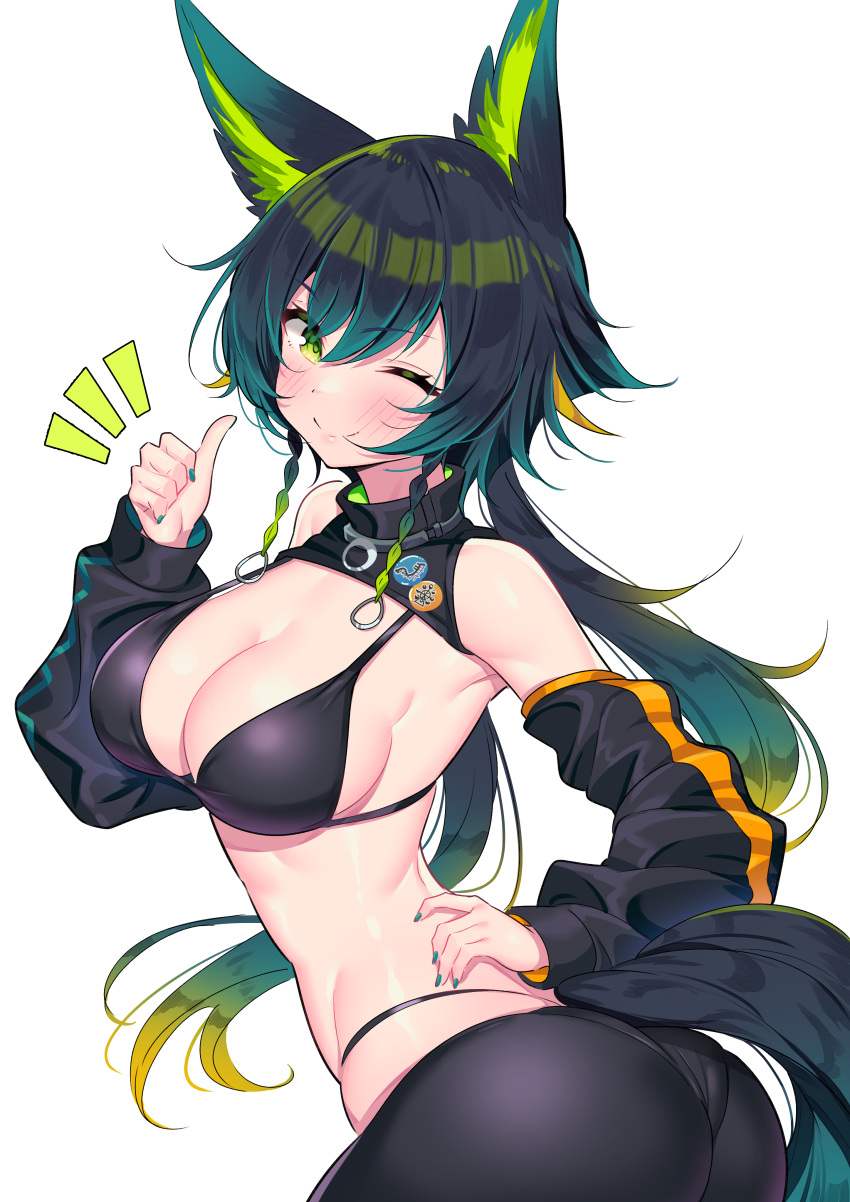 1girl ;) absurdres animal_ears bikini bikini_top black_bikini blush breasts character_request copyright_request detached_sleeves eyebrows_visible_through_hair fingernails gradient_hair green_eyes green_hair green_nails hand_on_hip highres ichi-jirushi large_breasts looking_at_viewer low_twintails multicolored_hair nail_polish one_eye_closed smile solo swimsuit tail thumbs_up twintails virtual_youtuber