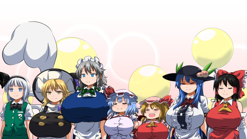 6+girls ascot black_bow black_hair black_neckwear blonde_hair blue_dress blue_eyes blush bow bowtie braid breasts buttons closed_eyes commentary_request dress flandre_scarlet flat_chest food frills fruit green_skirt green_vest hair_bow hairband hakurei_reimu hat height_difference hinanawi_tenshi hitodama hitodama_print huge_breasts izayoi_sakuya kirisame_marisa konpaku_youmu konpaku_youmu_(ghost) light_blue_hair maid_headdress mob_cap multiple_girls open_mouth peach pink_background red_eyes red_vest remilia_scarlet shundou_heishirou silver_hair simple_background skirt smile smug touhou twin_braids upper_body vest witch_hat yellow_eyes yellow_neckwear