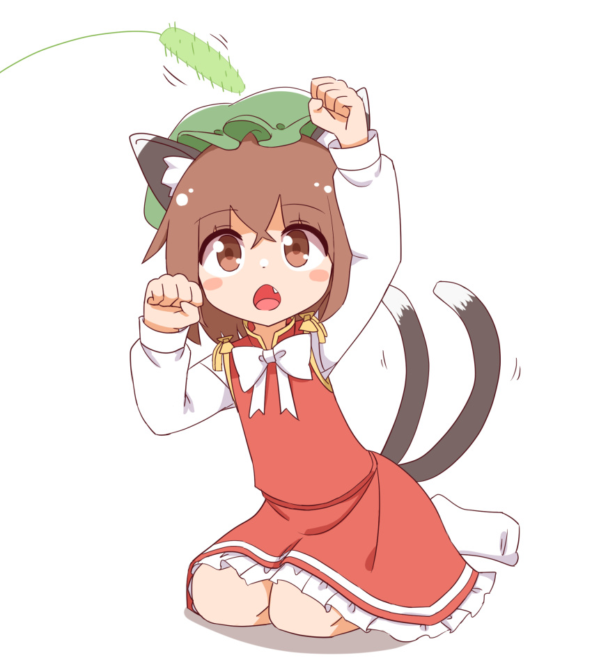1girl :o animal_ear_fluff animal_ears arms_up blush_stickers bow bowtie brown_eyes brown_hair cat_ears cat_tail cattail chen chestnut_mouth clenched_hands dress fang flat_chest gold_trim hat highres looking_up mob_cap multiple_tails nekomata nihohohi plant red_dress short_hair simple_background sitting solo tail touhou two_tails wariza white_background white_neckwear