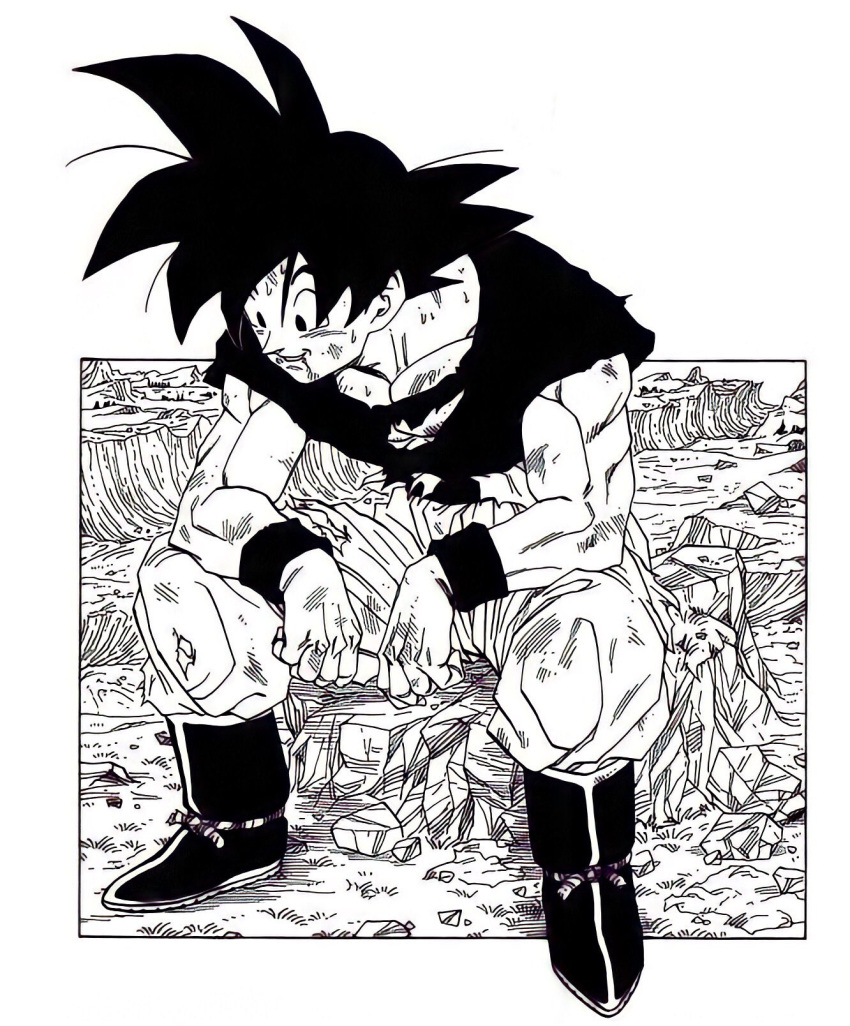 1boy ankle_boots arm_support black_eyes black_footwear black_hair black_shirt boots border cliff dirty dirty_clothes dirty_face dragon_ball dragon_ball_z elbow_on_knee elbow_rest facing_viewer full_body grass ground highres leaning_forward looking_down male_focus monochrome mountain muscular outdoors outside_border pants pectorals rock scratches shirt sitting sitting_on_rock smile son_goku spiky_hair sweat toriyama_akira torn_clothes torn_pants torn_shirt undershirt white_border wristband
