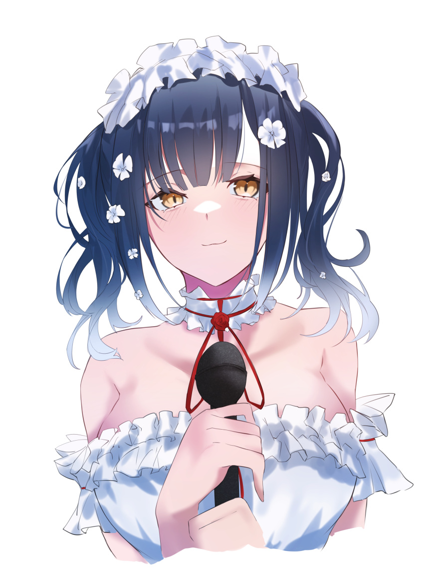 1girl absurdres bangs bare_shoulders black_hair blush breasts brown_eyes closed_mouth collarbone cropped_torso dress eyebrows_visible_through_hair flower gradient_hair grey_hair hair_flower hair_ornament hands_up highres holding holding_microphone looking_at_viewer medium_breasts microphone multicolored_hair nijisanji off-shoulder_dress off_shoulder simple_background smile solo two-handed upper_body white_background white_dress white_flower yamagami_karuta yuki_maccha_(yukimattya10)