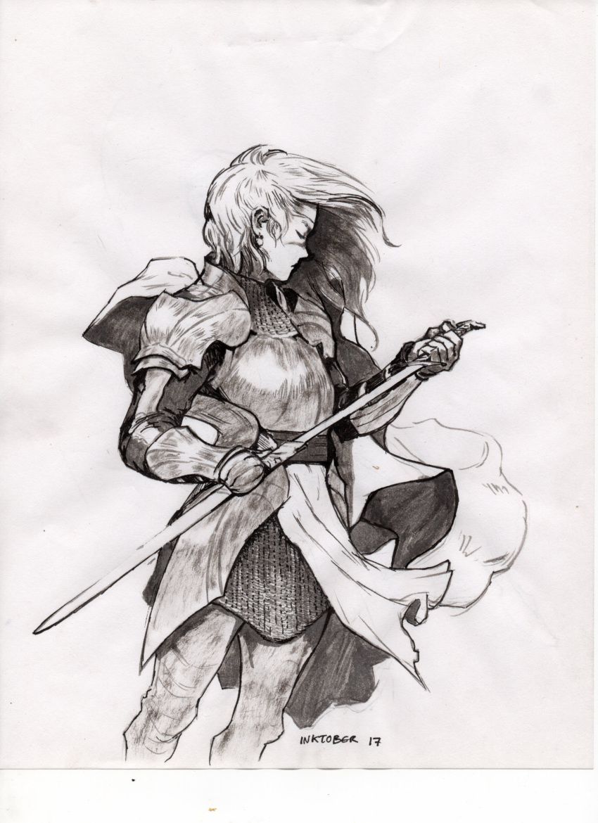 1girl absurdres armor breastplate closed_mouth commentary earrings english_commentary floating_hair full_armor gauntlets greaves greyscale highres holding holding_sword holding_weapon ink_(medium) inktober jewelry long_hair looking_away mail manuel_castanon monochrome original pauldrons pelvic_curtain sash scan sheathing shoulder_armor simple_background solo standing sword traditional_media weapon white_background