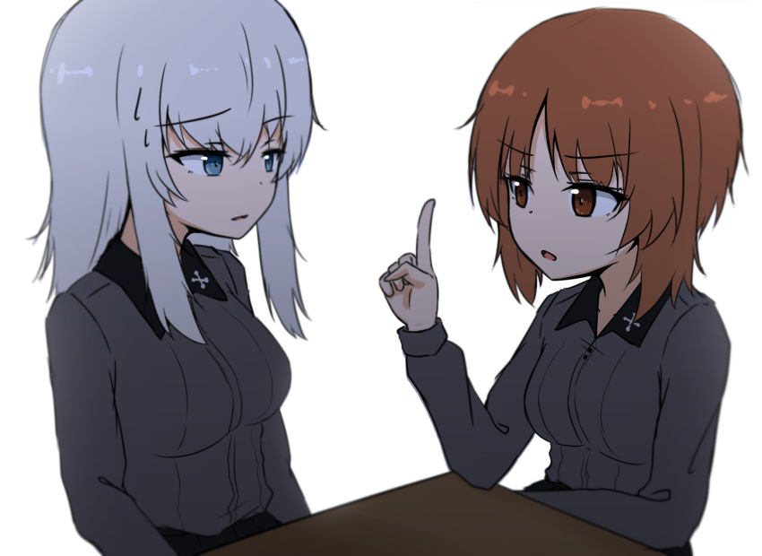2girls bangs black_skirt blue_eyes brown_eyes brown_hair commentary_request dress_shirt girls_und_panzer grey_shirt index_finger_raised insignia itsumi_erika korean_commentary kuromorimine_school_uniform light_frown long_sleeves looking_at_another medium_hair multiple_girls nishizumi_miho open_mouth parted_lips school_uniform shirt short_hair silver_hair simple_background sitting skirt table white_background wing_collar yu_arin