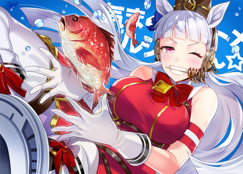 1girl animal_ears armband bangs bare_shoulders blunt_bangs bow breasts brown_headwear clenched_teeth fish floating gloves gold_ship_(umamusume) hat highres horse_ears horse_girl large_breasts long_hair ogino_atsuki one_eye_closed pillbox_hat sea_bream silver_hair skewer smile solo teeth umamusume violet_eyes white_gloves white_legwear
