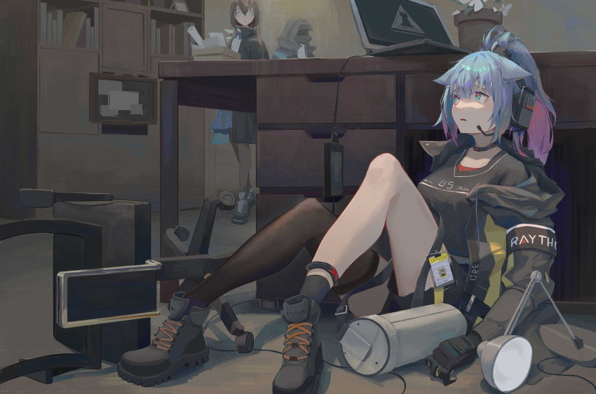 1other 2girls ambiguous_gender amiya_(arknights) animal_ears arknights black_footwear black_gloves black_jacket black_legwear black_shirt blue_eyes blue_hair boots brown_hair cat_ears chair chinese_commentary collar computer dawder desk desk_lamp doctor_(arknights) fallen_down flower gloves hair_between_eyes headset hood hood_up id_card jacket jessica_(arknights) knees_up lamp laptop mask mismatched_legwear multicolored_hair multiple_girls off_shoulder office office_chair open_clothes open_jacket open_mouth pantyhose pink_hair plant ponytail potted_plant rhodes_island_logo shelf shirt single_sock single_thighhigh socks solo_focus streaked_hair thigh-highs white_flower