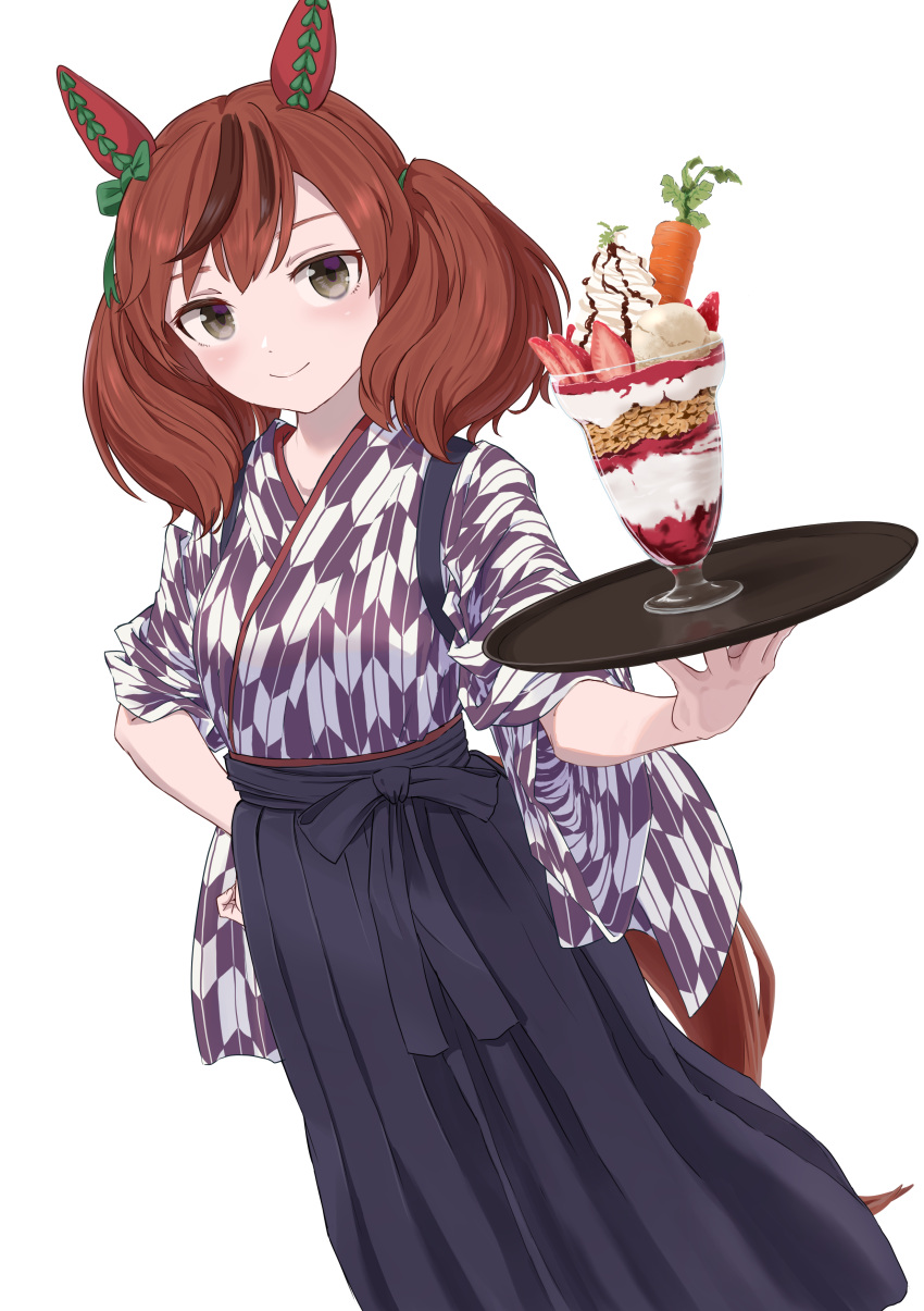 1girl absurdres animal_ears black_hair black_hakama breasts brown_eyes brown_hair carrot closed_mouth commentary_request food fruit hakama hand_on_hip hasisisissy highres holding holding_tray horse_ears horse_girl horse_tail japanese_clothes kimono multicolored_hair nice_nature_(umamusume) parfait short_sleeves simple_background small_breasts smile solo strawberry streaked_hair tail tasuki tray twintails umamusume white_background yagasuri