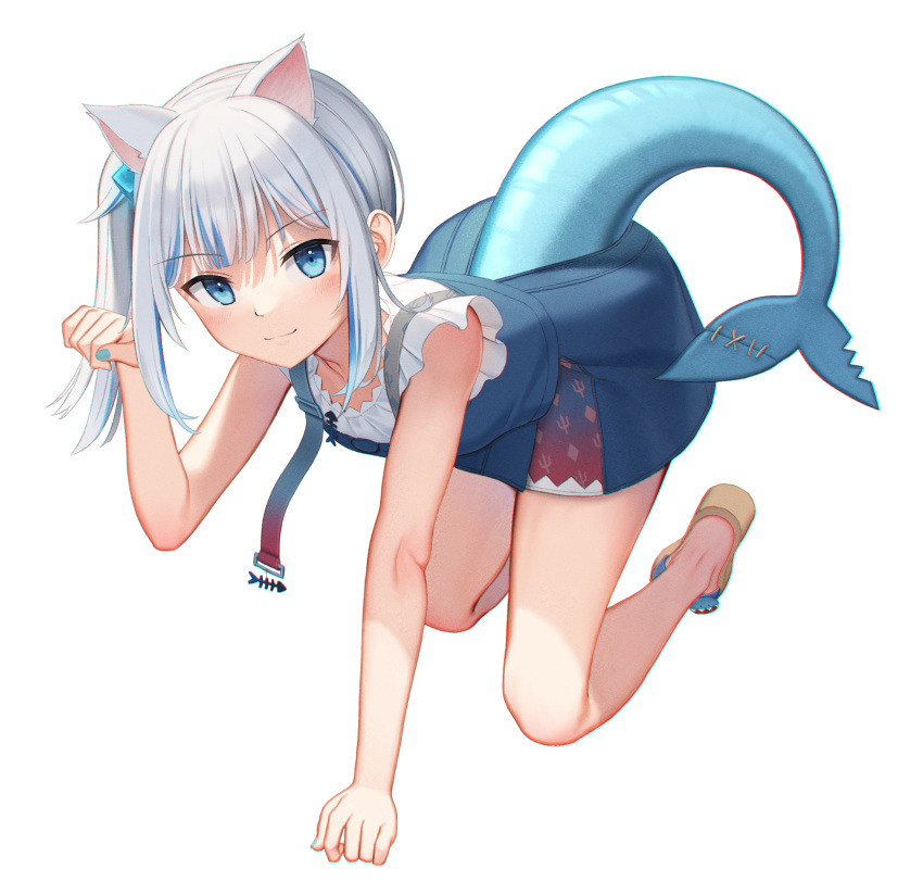 1girl all_fours animal_ears bangs bare_arms blue_dress blue_eyes blue_hair blue_nails brown_footwear cat_ears closed_mouth dress eyebrows_visible_through_hair fish_tail full_body gawr_gura hair_cubes hair_ornament hand_up highres hololive hololive_english kep_(ahokep) looking_at_viewer multicolored_hair nail_polish paw_pose sandals shark_tail shirt side_ponytail simple_background sleeveless sleeveless_dress smile solo streaked_hair tail virtual_youtuber white_background white_shirt