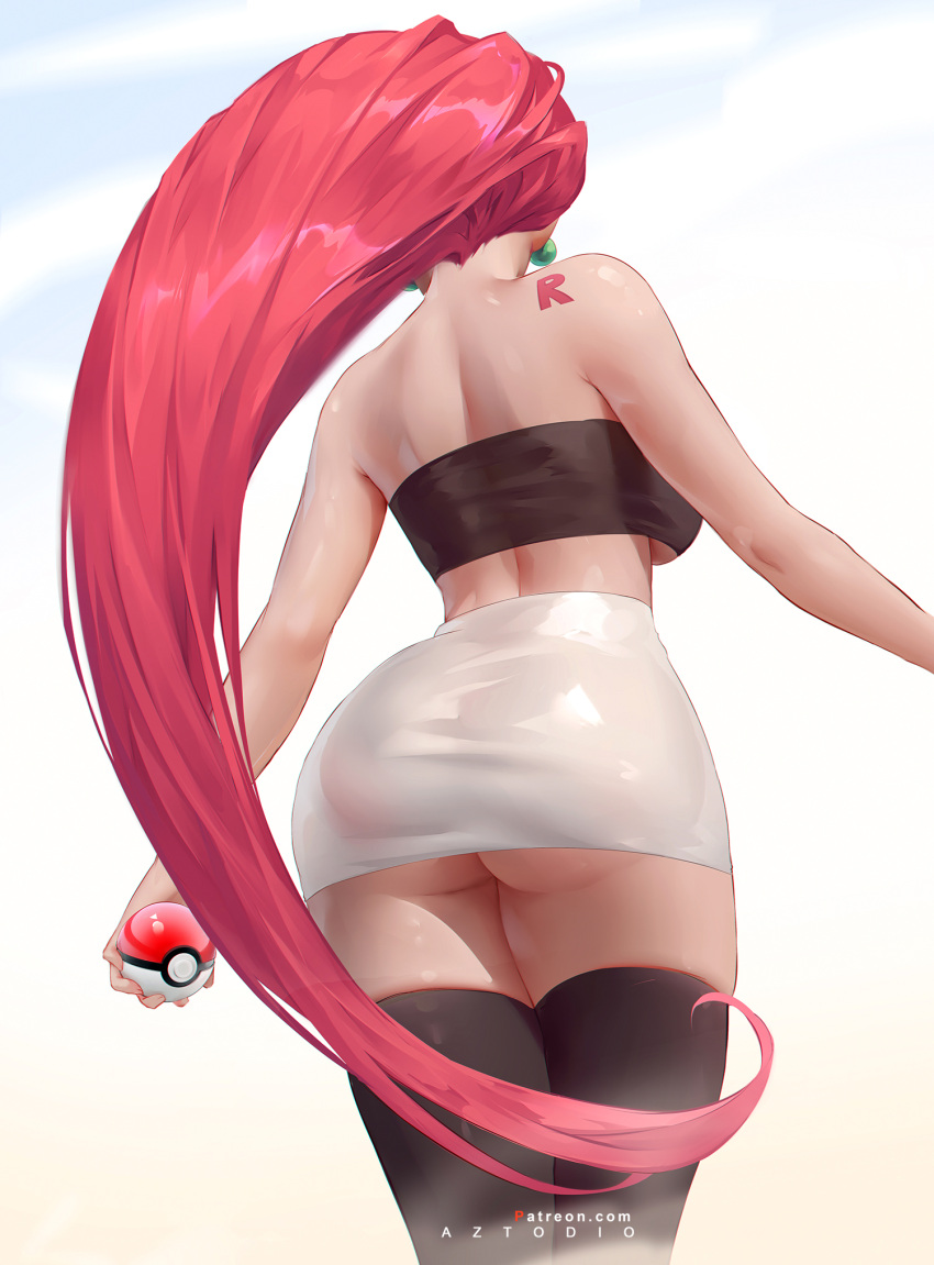 1girl artist_name ass azto_dio bandeau bare_arms bare_shoulders black_legwear breasts commentary cowboy_shot earrings from_behind highres holding jessie_(pokemon) jewelry large_breasts long_hair midriff miniskirt pencil_skirt poke_ball pokemon pokemon_(anime) redhead skirt solo standing strapless tattoo thigh-highs thighs tubetop very_long_hair white_skirt