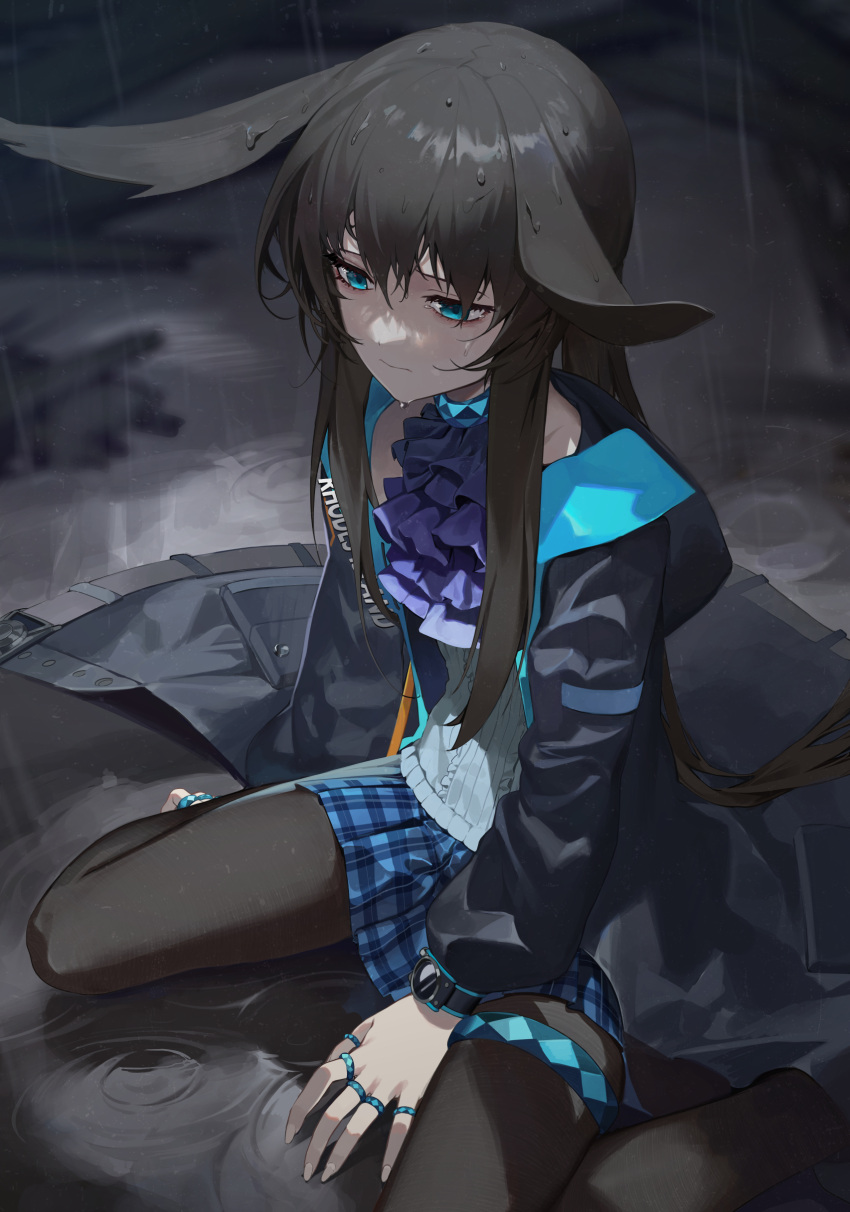 1girl absurdres amiya_(arknights) animal_ears arknights ascot black_coat black_legwear blue_eyes blue_neckwear blue_skirt blurry blurry_background brown_hair checkered checkered_skirt closed_mouth coat frilled_ascot frills full_body highres hood hood_down hooded_coat jewelry long_hair long_sleeves outdoors pantyhose rabbit_ears rain ring sad sitting skirt sleeveless_sweater solo ssangbong-llama sweater wariza water_drop white_sweater
